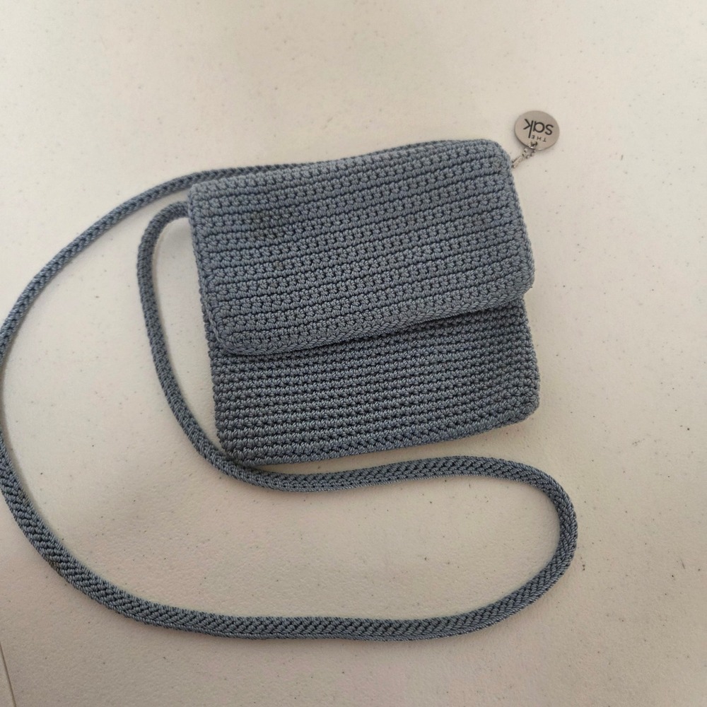 The Sak Blue Gray Crochet Crossbody Bag Small Square Flap Zip Knit Boho